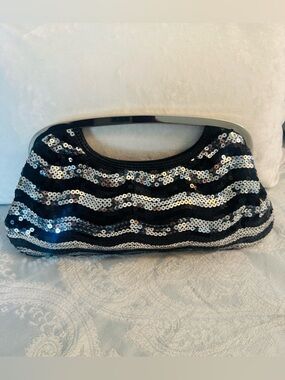 Express Black and Silver Sequin Handle Clutch